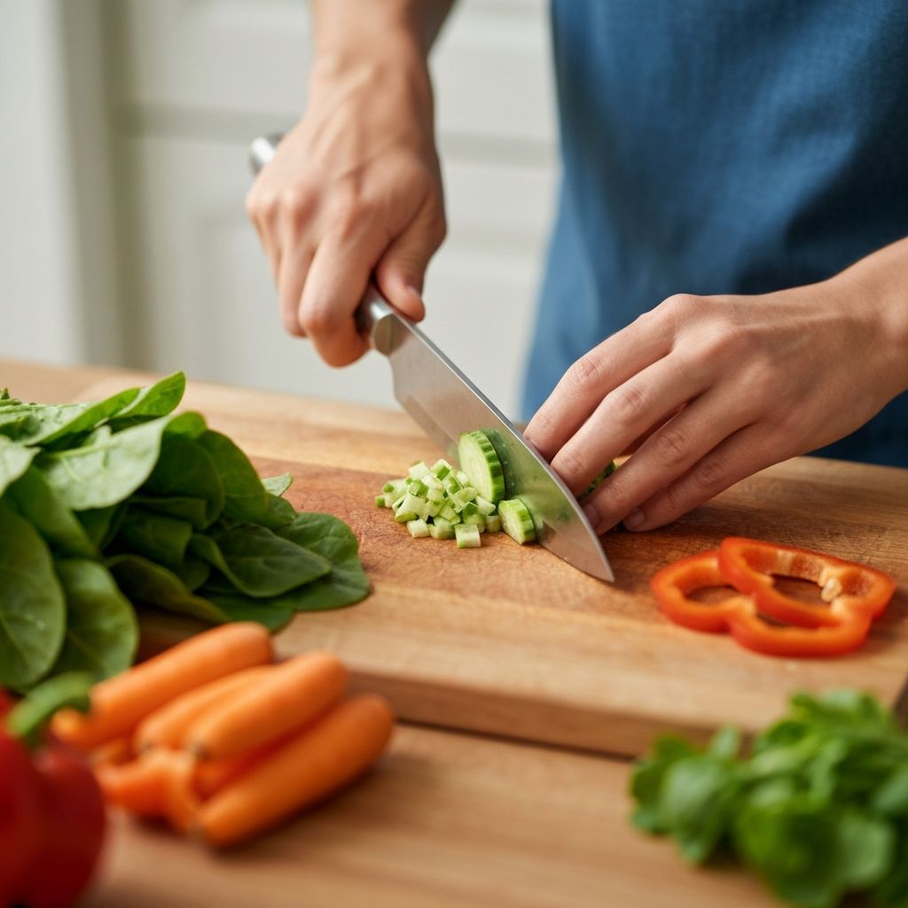 Hands chopping colorful fresh vegetables on a wooden cutting board